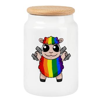 Rainbow Sheep with Dumbbells - LGBT Sheep Cute - Cookie Jar with Wooden Lid - white - Front
