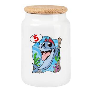 5ème anniversaire Motif Shark Pirate - Cinq ans - Boîte à biscuits avec couvercle en bois - blanc - Devant