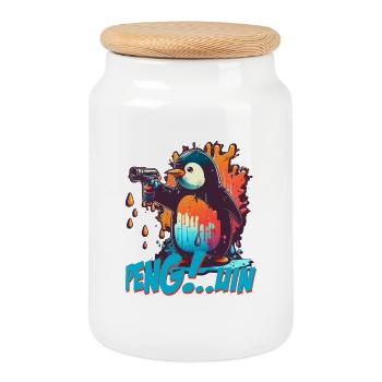 Stylo.. Guin Penguin avec pistolet - Boîte à biscuits avec couvercle en bois - blanc - Devant