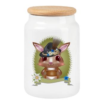 cute bunny in traditional costume with hat and leather pants - Cookie Jar with Wooden Lid - white - Front