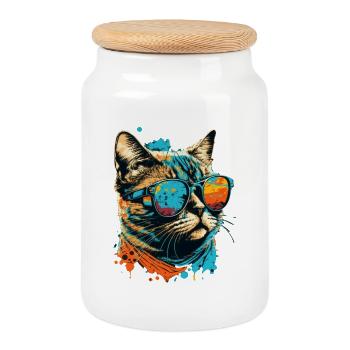 Chat avec des lunettes de soleil - Boîte à biscuits avec couvercle en bois - blanc - Devant