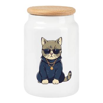 Chat avec lunettes de soleil et sweat à capuche - Boîte à biscuits avec couvercle en bois - blanc - Devant