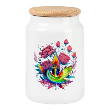 Feuille de cannabis psychédélique avec œil de dragon - Boîte à biscuits avec couvercle en bois - blanc - Devant