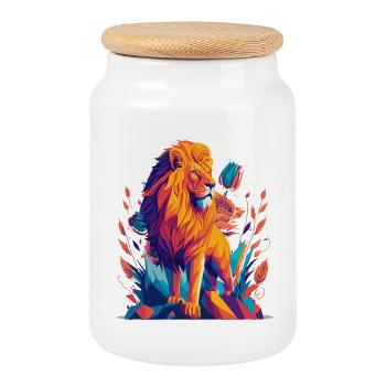 Majestic Lion Polygon - Cookie Jar with Wooden Lid - white - Front