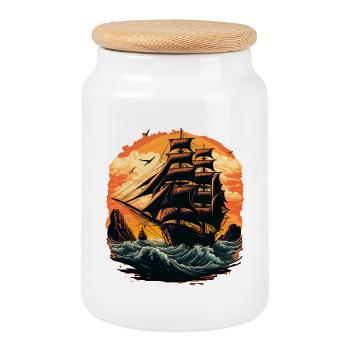Beautiful boat sails on wild sea in romant - Cookie Jar with Wooden Lid - white - Front