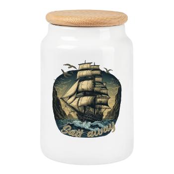 Gigantic boat sails in a storm on the high seas - Cookie Jar with Wooden Lid - white - Front
