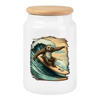Surfing sloth has fun in the waves - Cookie Jar with Wooden Lid - white - Front