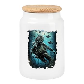 Taucher mit Fischen - Keksdose mit Holzdeckel - Weiß - Vorne