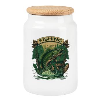 Big fish on the hook - Cookie Jar with Wooden Lid - white - Front