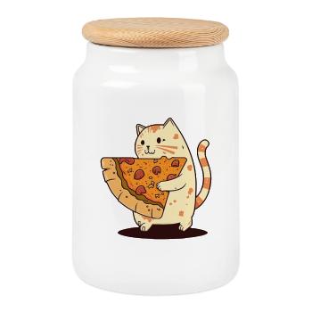 Cat carries pizza slice - Cookie Jar with Wooden Lid - white - Front
