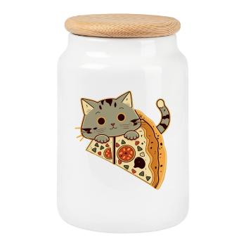 Pizza avec chat - Boîte à biscuits avec couvercle en bois - blanc - Devant
