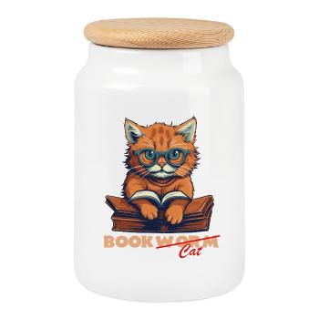 Katze mit Buch und Schriftzug - Keksdose mit Holzdeckel - Weiß - Vorne