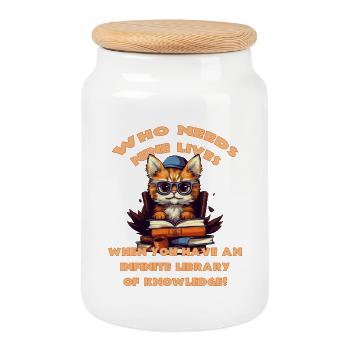Cat with lots of books - Cookie Jar with Wooden Lid - white - Front