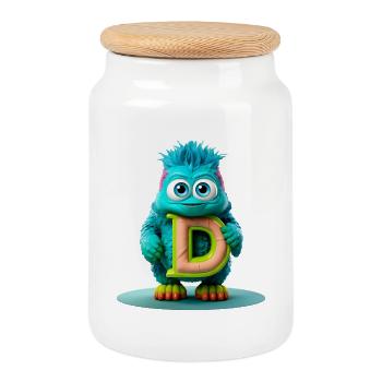 Colorful Monster with Bright Letter D - Cookie Jar with Wooden Lid - white - Front
