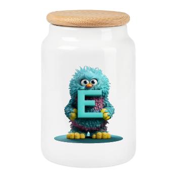 Fluffy monster with the Letter E - Cookie Jar with Wooden Lid - white - Front