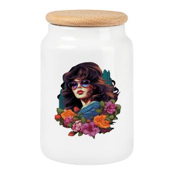 femme élégante avec des fleurs et des lunettes de soleil - Boîte à biscuits avec couvercle en bois - blanc - Devant