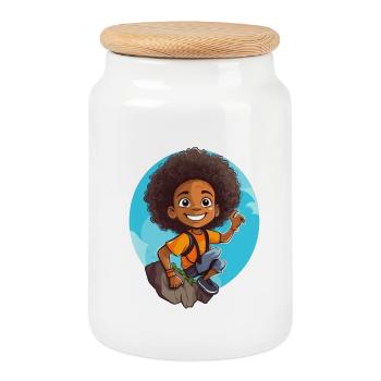 Illustration d’enfants aventureux - Boîte à biscuits avec couvercle en bois - blanc - Devant