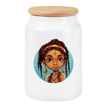 Afro Black Child Young Girl Ethnic Gift Idea - Cookie Jar with Wooden Lid - white - Front