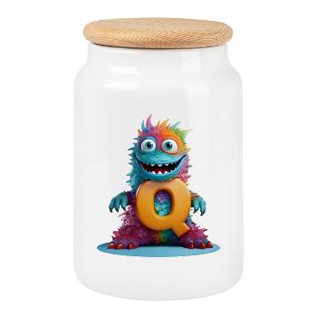 Monstre arc-en-ciel avec Q - Boîte à biscuits avec couvercle en bois - blanc - Devant