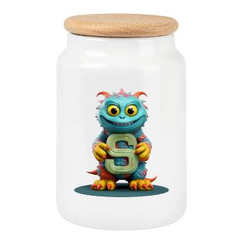 Colorful Monster with Alphabet Letter S - Cookie Jar with Wooden Lid - white - Front