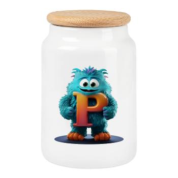 Blue Monster with Giant P - Cookie Jar with Wooden Lid - white - Front