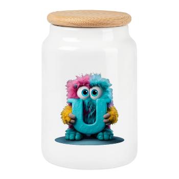 Monstre multicolore tenant la lettre U - Boîte à biscuits avec couvercle en bois - blanc - Devant
