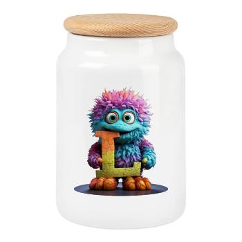 Rainbow Monster with Letter L - Cookie Jar with Wooden Lid - white - Front
