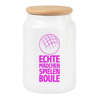 Echte Mädchen spielen Boule Bouler Boccia Spiel - Keksdose mit Holzdeckel - Weiß - Vorne
