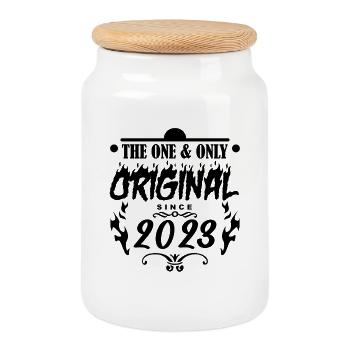 2023 - Baujahr 2023 - Jahrgang 2023 - Keksdose mit Holzdeckel - Weiß - Vorne