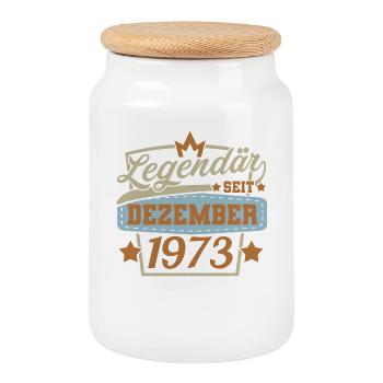 Legendär seit Dezember 1973 Retro - Keksdose mit Holzdeckel - Weiß - Vorne