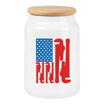 4th of July USA Plumber - Cookie Jar with Wooden Lid - white - Front