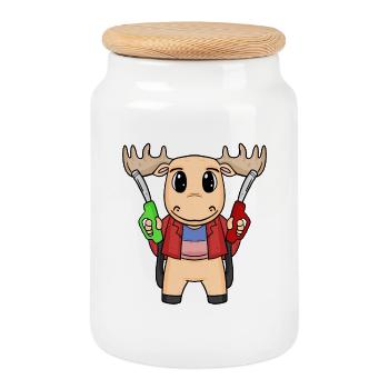 Gas Station Attendant Moose Gas Station - Cookie Jar with Wooden Lid - white - Front