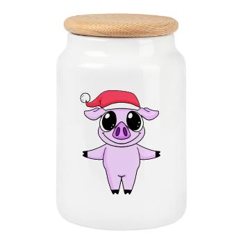 Cochon Noël - Boîte à biscuits avec couvercle en bois - blanc - Devant