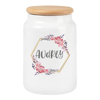 Audrey Girl Name Baby Gift - Cookie Jar with Wooden Lid - white - Front