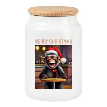 Le singe célèbre Noël avec un chapeau et une boisson - Boîte à biscuits avec couvercle en bois - blanc - Devant