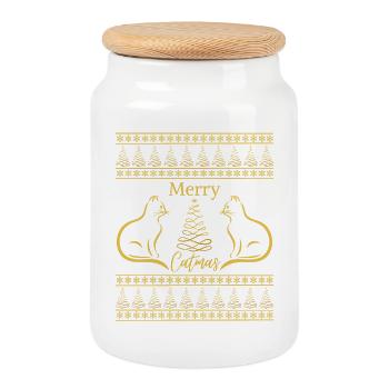 Frohe Katzen, Katzenliebhaber, Weihnachtsstimmung - Keksdose mit Holzdeckel - Weiß - Vorne