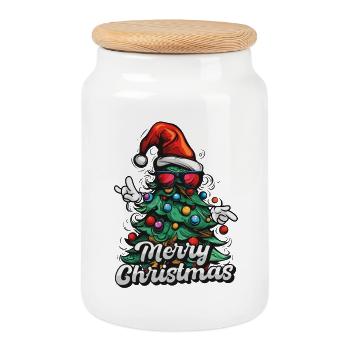 Merry Christmas – Christmas tree with sunglasses - Cookie Jar with Wooden Lid - white - Front