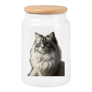 Fluffy Cat Face Portrait - Cookie Jar with Wooden Lid - white - Front