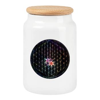 Rainbow Flower of Life Design - Cookie Jar with Wooden Lid - white - Front