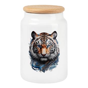 Tigre aux yeux bleus style tatouage Maori - Boîte à biscuits avec couvercle en bois - blanc - Devant