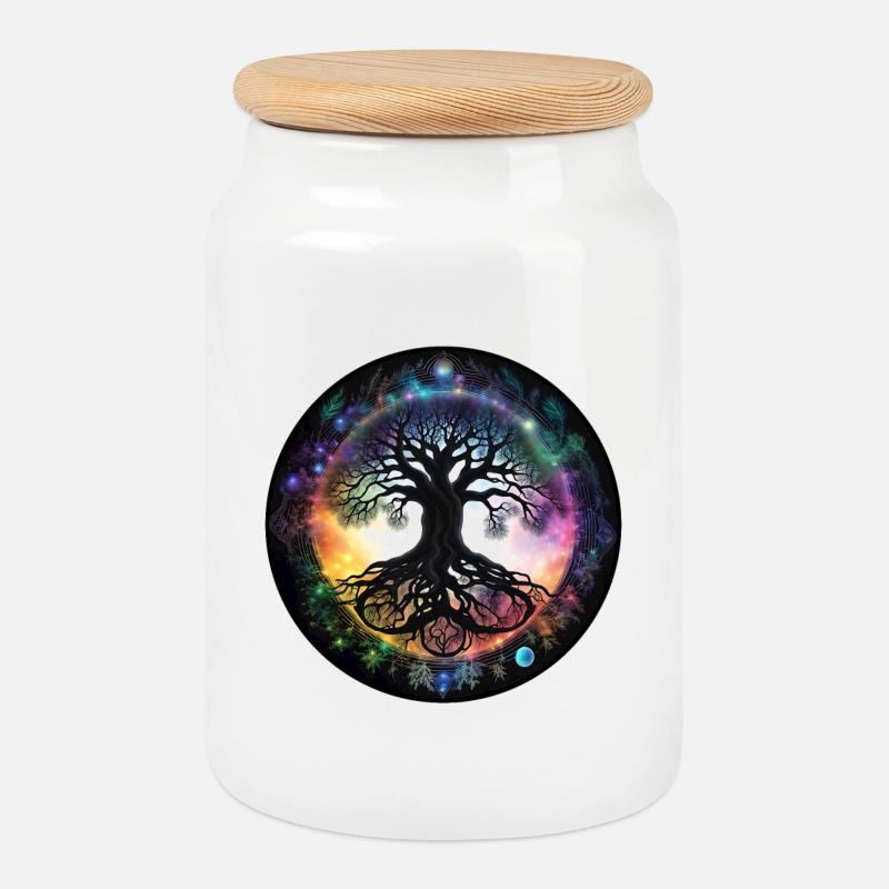 Wurzelbaum im Regenbogenkreis - Keksdose mit Holzdeckel - Weiß
