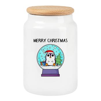 Pingouin Noël - Joyeux Noël - Boîte à biscuits avec couvercle en bois - blanc - Devant
