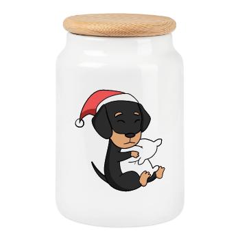 Teckel Chien Animal Noël - Boîte à biscuits avec couvercle en bois - blanc - Devant