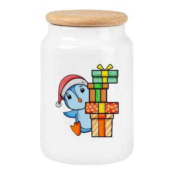 Pingouin avec chapeau de père Noël et cadeau de Noël - Boîte à biscuits avec couvercle en bois - blanc - Devant