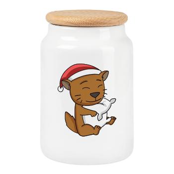 Chat Mignon Chat Somali Fatigué Noël - Boîte à biscuits avec couvercle en bois - blanc - Devant