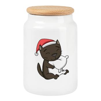 Chat Mignon Havane Chat Fatigué Noël - Boîte à biscuits avec couvercle en bois - blanc - Devant