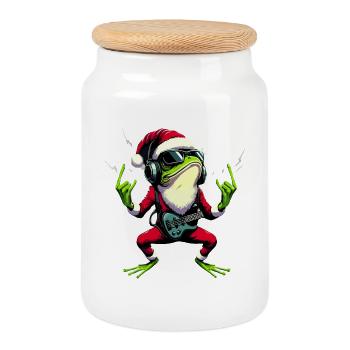Christmas Frog Metal Greeting - Cookie Jar with Wooden Lid - white - Front