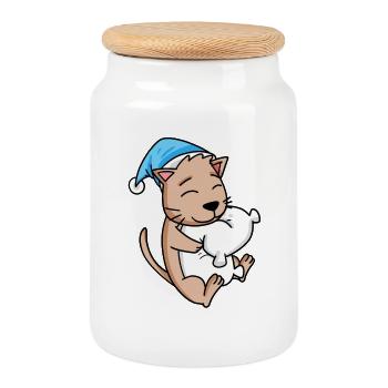 Chat avec oreiller et bonnet somnolent - Boîte à biscuits avec couvercle en bois - blanc - Devant