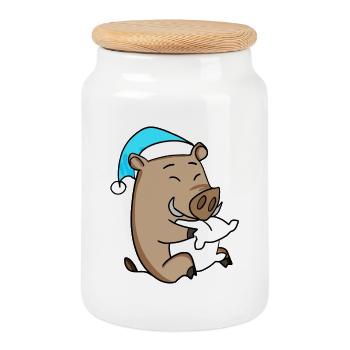 Sanglier avec oreiller et bonnet somnolent - Boîte à biscuits avec couvercle en bois - blanc - Devant