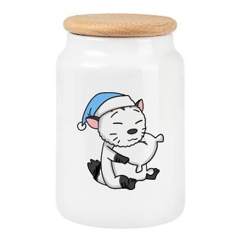 Dormir fatigué - Chat avec oreiller et bonnet somnolent - Boîte à biscuits avec couvercle en bois - blanc - Devant